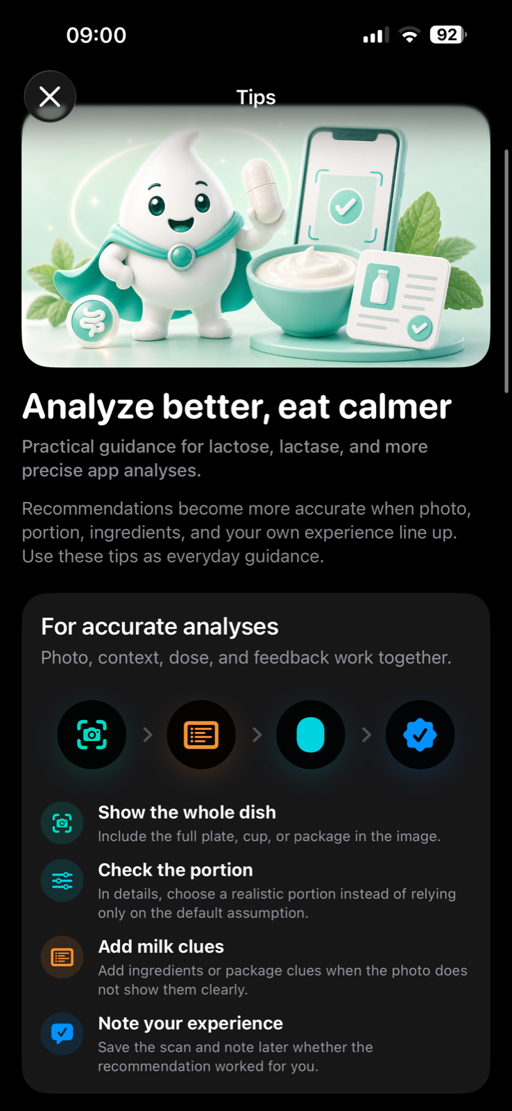 Tips screenshot of the LactoHero iOS app